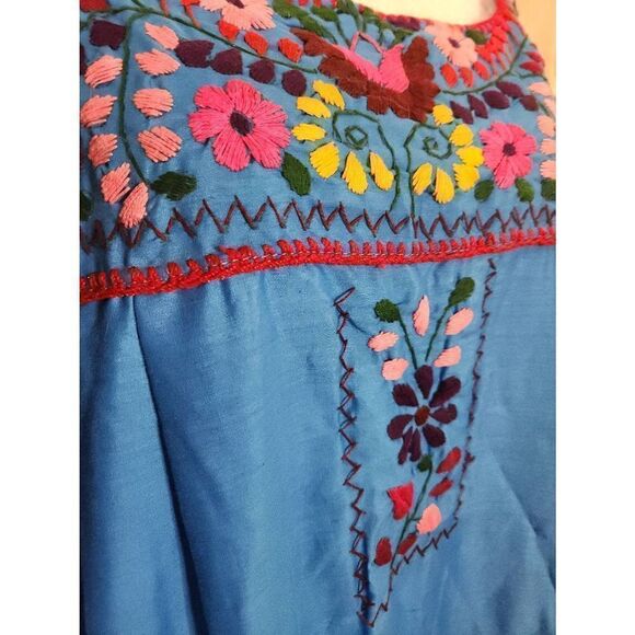 Blue 70s Embroidered Floral Kaftan Hpuse Dress Maxi Colourful - Picture 6 of 7